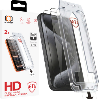 Hartowane szkło Tel Protect Dust-Free Easy Fit Full Glue 6D do Iphone 15 czarne - 2 sztuki