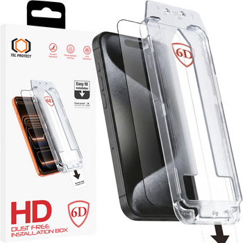 Hartowane szkło Tel Protect Dust-Free Easy Fit Full Glue 6D do Iphone 15 Pro Max czarne